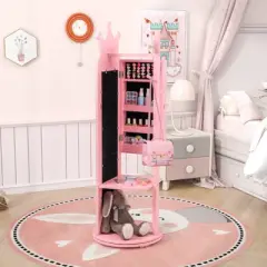 Tangkula Kids Jewelry Cabinet Standing Children Jewelry Organizer w/ Full-Length Mirror