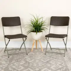 Flash Furniture 2 Pack HERCULES Series Brown Rattan Plastic Folding Chair with Gray Frame