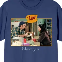 Gilmore Girls Luke and Lorelei in Luke's Cafe Screenshot Women's Navy Blue Graphic Short Sleeve Crew Neck Tee