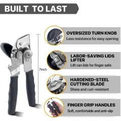 Can Opener Manual Heavy Duty, Solid Steel Hand Manual Can Open with Magnet for Kitchen Camping, Gray