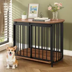 Medium Dog House Dog Crate Wooden Cage Indoor Kennel Furniture Dog Shelter End Table with Double-Doors, Brown/Gray+Black-ModernLuxe