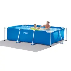 Intex 8.5ft x 26in Rectangular Frame Above Ground Quick Easy Set Up Backyard Outdoor Swimming Pool with Drain Plug for Ages 6 and Up, Blue
