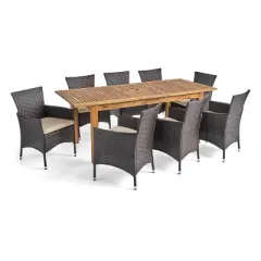 Nadia 9pc Wood & Wicker Expandable Dining Set - Natural/Brown/Beige - Christopher Knight Home