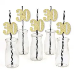 Big Dot of Happiness Gold Glitter 30 Party Straws - No-Mess Real Gold Glitter Cut-Out Numbers & Decorative 30th Birthday Party Paper Straws - 24 Ct