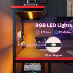 Bestier 61 Inch Gaming Desk with RGB LED Light, Computer Desk with 4 Tier Reversible Storage Shelves, Hooks, Cup holder and Magnets，Black