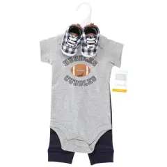 Hudson Baby Infant Boy Cotton Bodysuit, Pant and Shoe Set, Football Huddles Short Sleeve