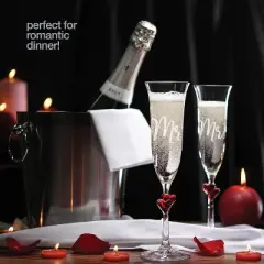 BENETI Mr and Mrs Champagne Flutes, Handmade Crystal Glasses, Red Hearts, 6oz, Set of 2 - Made in Germany