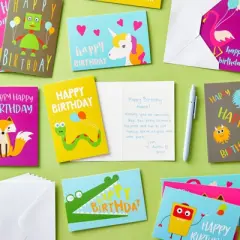 Best Paper Greetings 48 Pack Assorted Kids Birthday Cards Bulk with Envelopes in Unicorn, Flamingo, Monster, and Fox Designs, 4 x 6 In