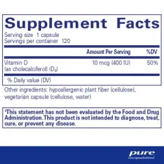 Pure Encapsulations Vitamin D3 10 mcg (400 IU) - Hypoallergenic Support for Bone, Breast, Cardiovascular, Colon and Immune Health - 120 Capsules