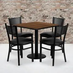 Emma and Oliver 30" Square Walnut Laminate Table Set, 4 Grid Back Metal Chairs