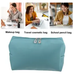 Unique Bargains PU Leather Waterproof Makeup Bag Cosmetic Case Makeup Bag for Women S Size Lake Blue 1 Pcs