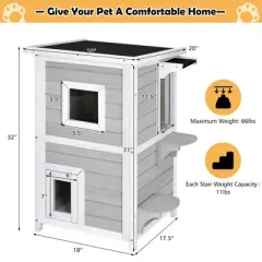 Costway 2-Tier Wooden Cat House Outdoor Kitty Shelter w/ Escape Door Rainproof