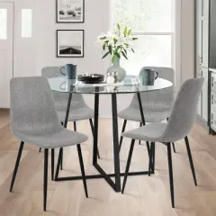 Hana + Bingo 5-Piece Round Clear Glass Dining Table Set with 4 Upholstered Chairs Black Legs - The Pop Maison