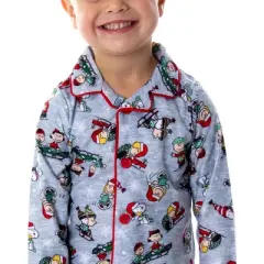 Peanuts Toddler Boys' Holiday Woven Button-Up Coat And Pants Pajama Set