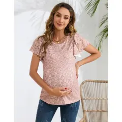 Coolmee Women's Maternity Shirts Nursing Tops Flying Short Sleeve Breastfeeding Tees Lightweight Side Ruched Pregnancy Clothes M Pink Printing