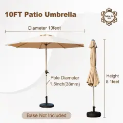 DOMETOUR 10FT Patio Umbrella, Outdoor Market Sun Umbrella with Tilt, Crank, UV Protection, Waterproof, 8 Ribs for Garden/Deck/Pool (Beige)