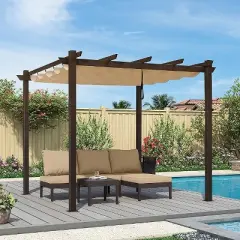 PURPLE LEAF Outdoor Metal Pergola with Retractable Canopy Patio Shade Cover for Garden Pool Yard Brown Aluminum Frame