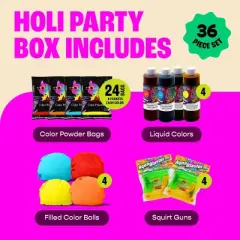Chameleon Colors Holi Color Powder Party Box, 36-Piece Color Party Kit