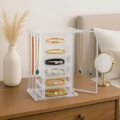 OnDisplay Clear Acrylic Jewelry Organizer Box with 6 Drawers and Side Hooks &ndash; Makeup, Necklace, and Accessory Storage for Dresser or Vanity