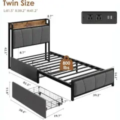 Garvee Upholstered Bed Frame with 2 Storage Drawers, Power Outlet, Queen Bed Platform with Storage Headboard, Noise Free, No Box Spring Needed