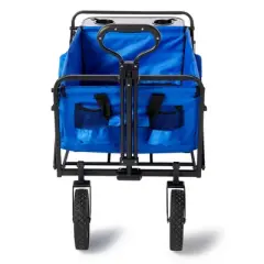 Mac Sports Heavy Duty Steel Frame Collapsible Folding 150 Pound Capacity Outdoor Garden Utility Wagon Yard Cart with Table and Cup Holders, Blue