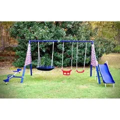 XDP Recreation Freedom Fun Metal A-Frame Kids Swing Set with 7 Child Capacity Outdoor Backyard Home Playground with Slide and 3 Swing Types,