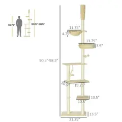 Floor to Ceiling Cat Tree, 90.5" - 98.5" Adjustable Height, Cat Climbing Tower with Carpeted Platforms, Cozy Bed, Hammock, Scratching Posts  Beige