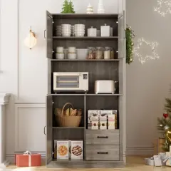 Pantry Cabinet With 2 Drawers and Open Shelves, Tall Freestanding Kitchen Hutch With Microwave Shelf for Dining Room, Living Room