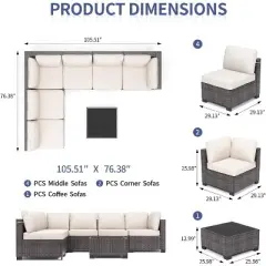 7 PCS Outdoor Patio Furniture Set, Wicker Sectional Sofa Set Rattan Modular Conversation Couch Set with Cushions for Outside, Garden, Balcony, Porch