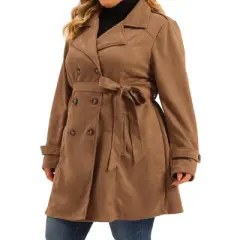 Agnes Orinda Women's Plus Size Faux Suede Notched Lapel Double Breasted Belt Trench Coat Jacket