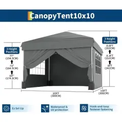 10'x10' Easy Pop Up Tent With 4 Detachable Window - Waterproof Portable Canopy With Carry Bag & Guy Lines for Camping, Outdoor Parties, Grey