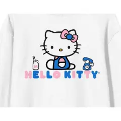 Hello Kitty Phone Graphic Crew Neck Long Sleeve White Fleece Women's Tee
