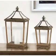 HomeRoots Set of Two Brown Distressed Geometric Wood And Metal Floor Lantern Candle Holders