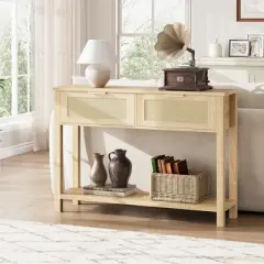 Entryway Table with Drawers, Rattan Console Table with Storage, Boho 2-Tier Sofa Table for Living Room and Hallway