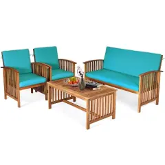 Costway 4PCS Patio Solid Wood Furniture Set Conversation Coffee Table TurquoiseBlack Cushion