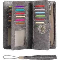 Wallets for Women Leather Credit Card Holder with RFID Blocking Large Capacity Wristlet,Gray