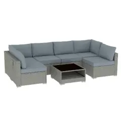 GDFStudio Bruce Outdoor 6-Seater Rattan and Metal Upholstered 116" Sectional Sofa Set with Coffee Table