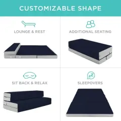 Best Choice Products 4in Thick Folding Portable Midnight Blue Mattress Topper w/ Carry Case, Washable Cover