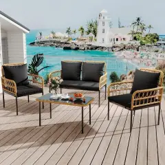 Acekool 4-Piece Outdoor Patio Set with Loveseat, Armchairs & Glass Coffee Table, Boho Rattan Conversation Set for Backyard, Porch, Balcony