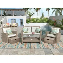 Patio Furniture Set, 4 Piece Outdoor Conversation Set All Weather Wicker Sectional Sofa with Ottoman and Cushions