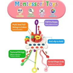 Baby Sensory Montessori Toys for 6-12-18 Months, Pull String Silicone Teething Toy, Toddler Birthday Gift Travel Toy for Infant