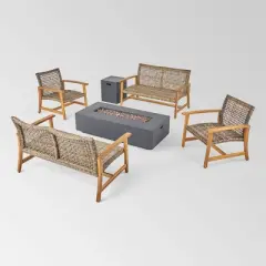 Augusta 6pc Wood & Wicker Chat Set with Fire Pit - Natural/Gray/Dark Gray - Christopher Knight Home