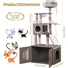 Modern Cat Tree with Litter Box Enclosure and Large Platform, All-in-One Cat Furniture with Space Capsule，Food Station and Hammocks, Gray