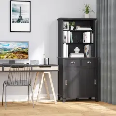HOMCOM 67" Freestanding Buffet with Hutch, Kitchen Pantry Storage Cabinet with Sliding Doors, Drawers and Open Shelves, Adjustable Shelving, Black