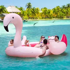 Tangkula 4-6 Persons Inflatable Flamingo Floating Island w/ Inner Loop & Floating Mat Blow-up Party Floatie with Electric Air Pump & 6 Cup Holders