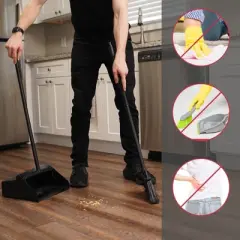 Bison Life 48.5" Dustpan and Broom Set for Home, Office, and Outdoor Use - Black- 1 Set