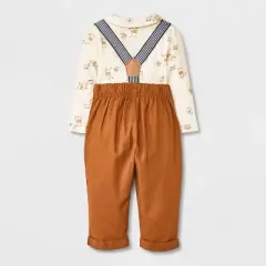 Baby Boys' 2pc Disney Winnie the Pooh Long Sleeve Bodysuit & Pants Suspender Set - Brown
