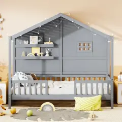 Twin Size House Bed with Shelves, Platform Bed with Window and Sparkling Light Strip on the Roof 4W - ModernLuxe