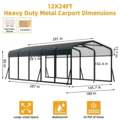 Carport, Metal Carport 12x24 FT - Outdoor Canopy with Reinforced Base & Galvanized Steel Roof, Heavy Duty Shelter for SUV Truck Boats