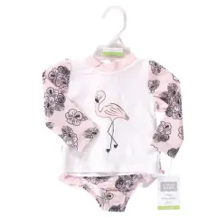 Hudson Baby Infant and Toddler Girl Swim Rashguard Set, Floral Flamingo